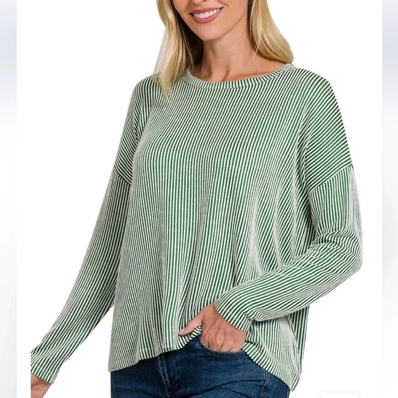 Zenana Outfitters | Tops | Green Zenana Ribbed Stripe Boat Neck
